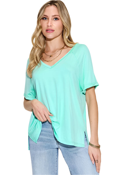 Basic Bae Full Size Bamboo Slit V Neck Short Sleeve T Shirt - Chic Yana's Fashion
