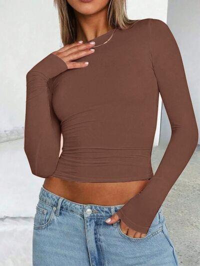 Solid Color Round Neck Long Sleeve T Shirt - Chic Yana's Fashion