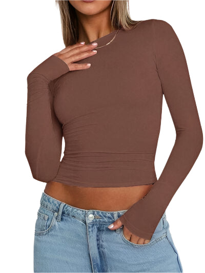 Solid Color Round Neck Long Sleeve T Shirt - Chic Yana's Fashion