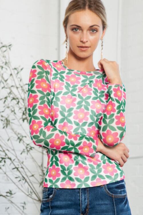 Floral Round Neck Long Sleeve Top - Chic Yana's Fashion