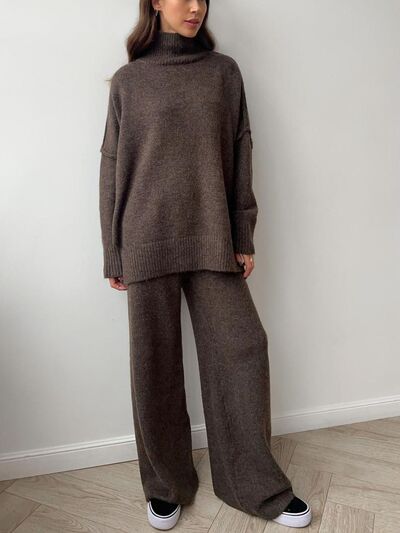 Slit Turtleneck Long Sleeve Top And Pants Sweater Set - Chic Yana's Fashion