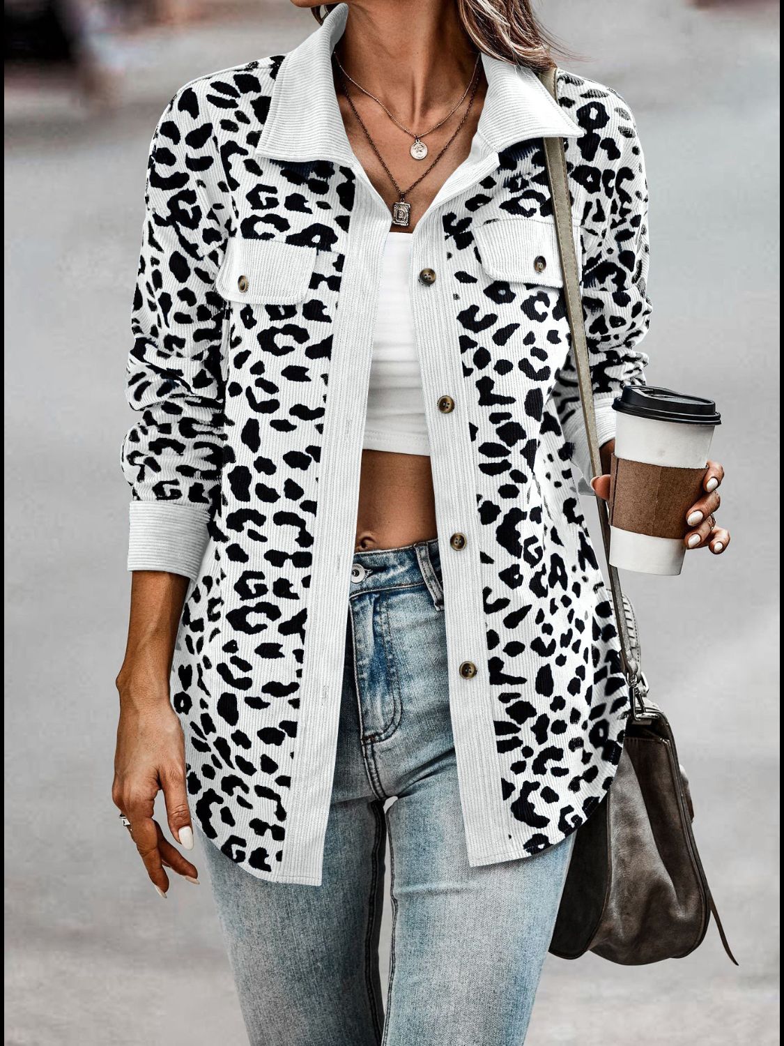 Flattering fit and modern design make the Full Size Leopard Collared Neck Button Up Long Sleeve Jacket a standout piece.