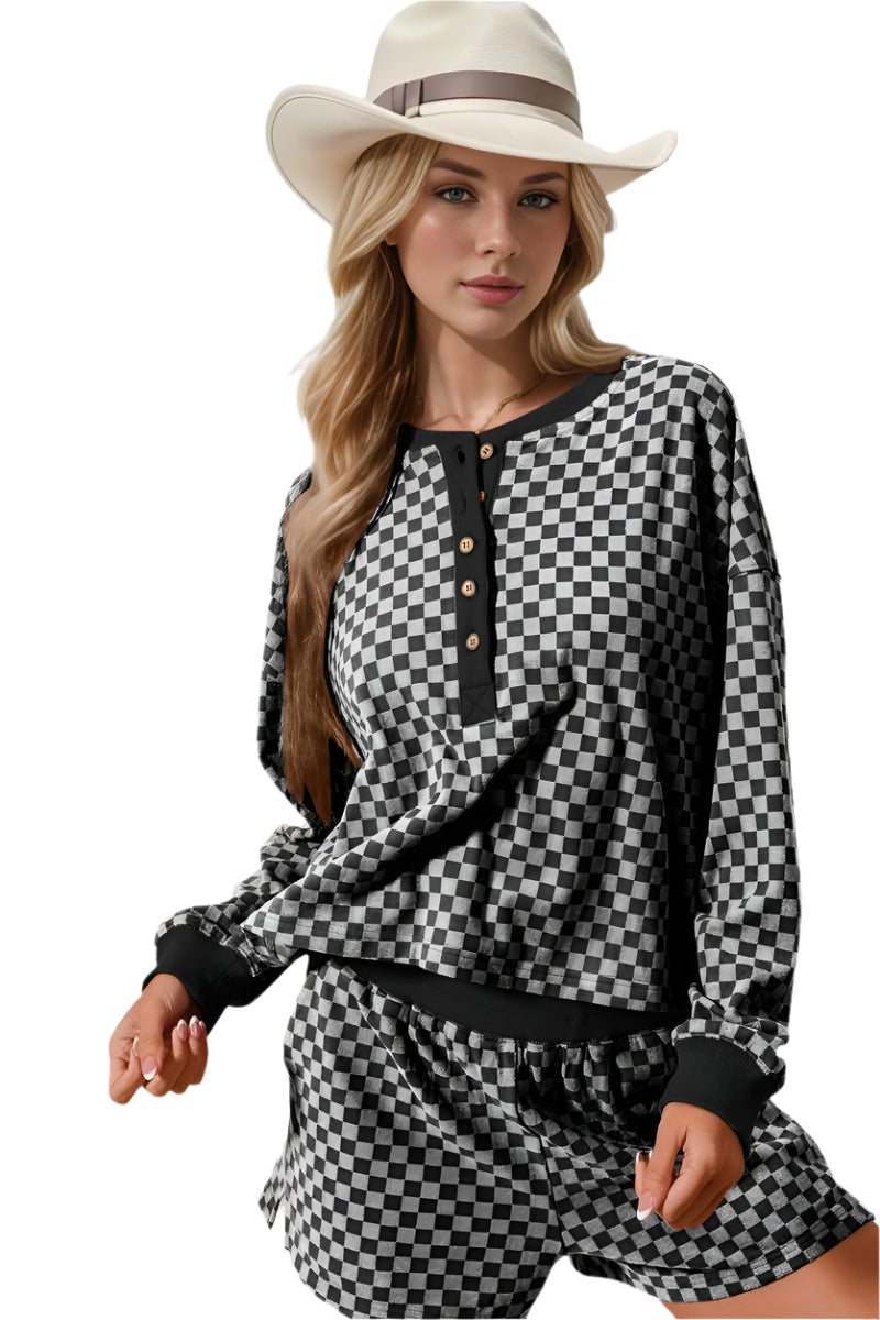 Double Take Checkered Half Button Top and Shorts Set - Shop Now at Chic Yana's Fashion