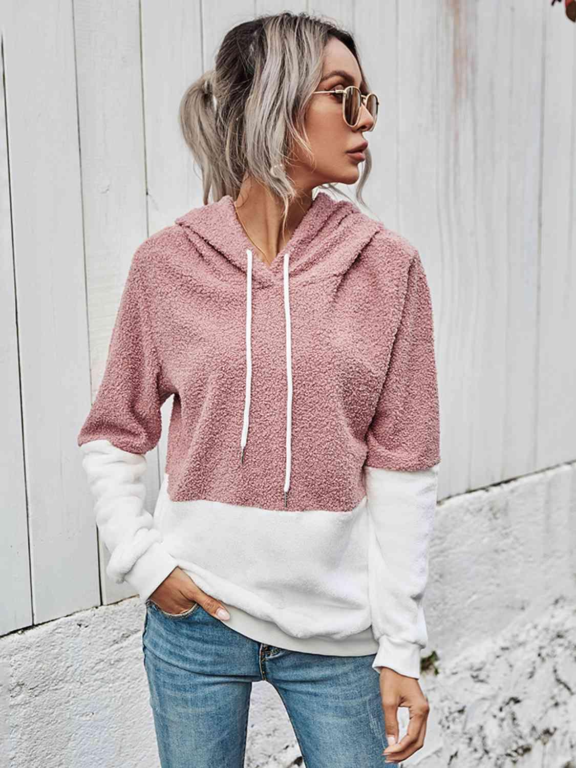 Shiny Contrast Drawstring Long Sleeve Hoodie - Chic Yana's Fashion