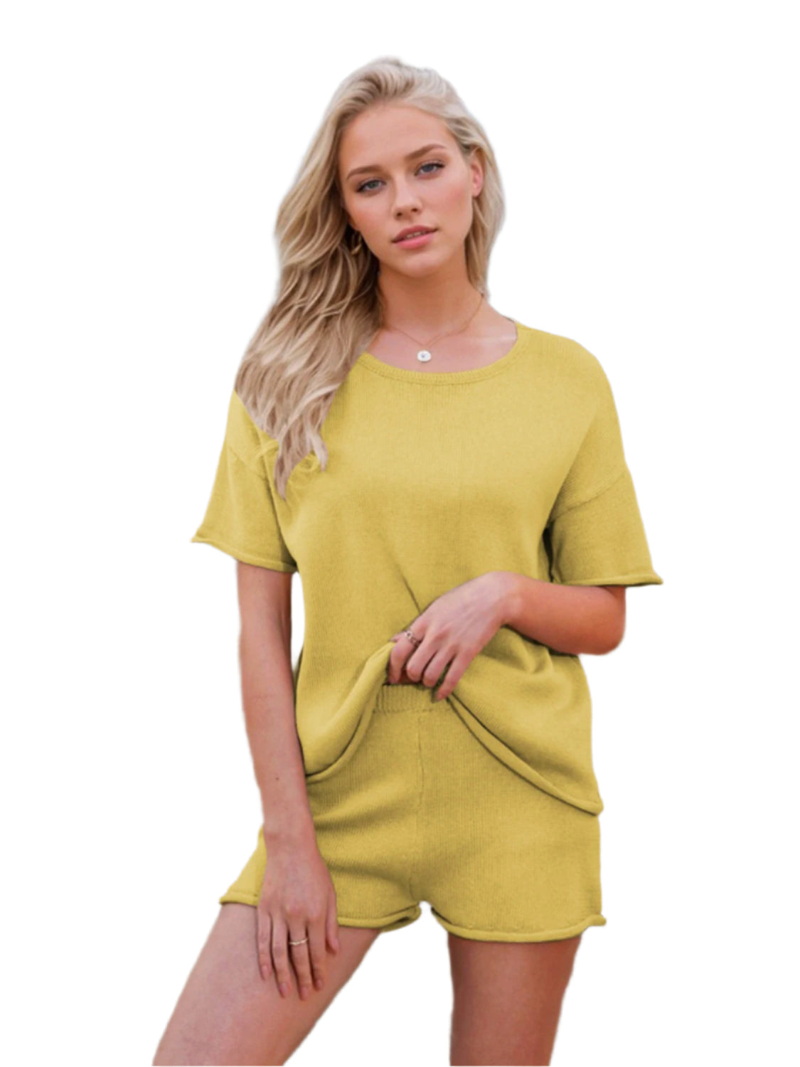 Round Neck Short Sleeve Top and Shorts Sweater Set - Shop Now at Chic Yana's Fashion