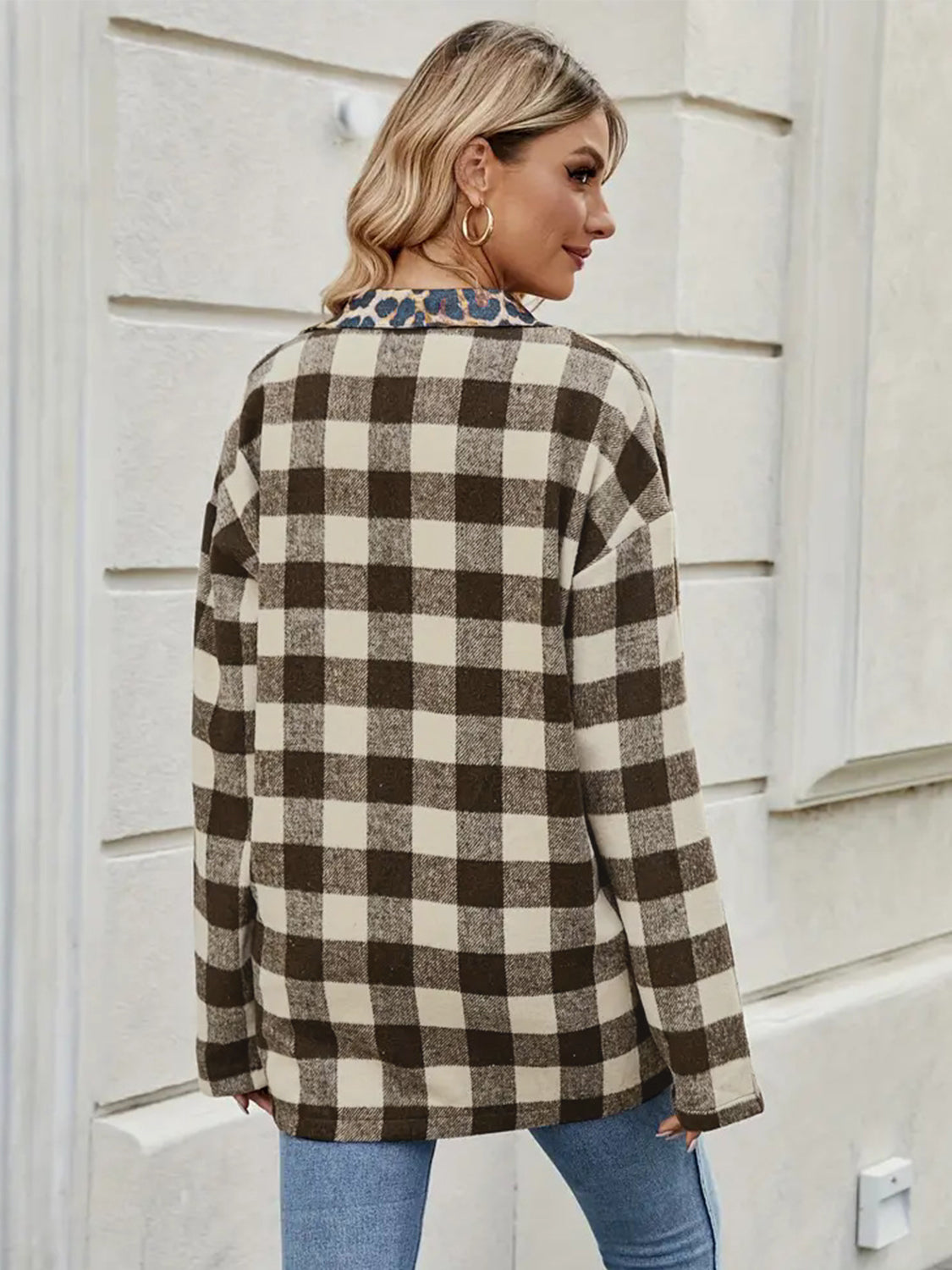 Flattering fit and modern design make the Leopard Trim Plaid Collared Neck Long Sleeve Shirt a standout piece.