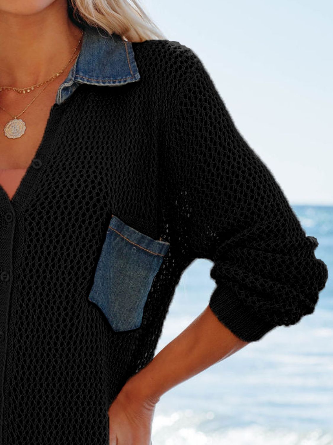 Side Slit Openwork Collared Neck Cover Up - Stylish and Trendy Women's Fashion from Chic Yana's Fashion