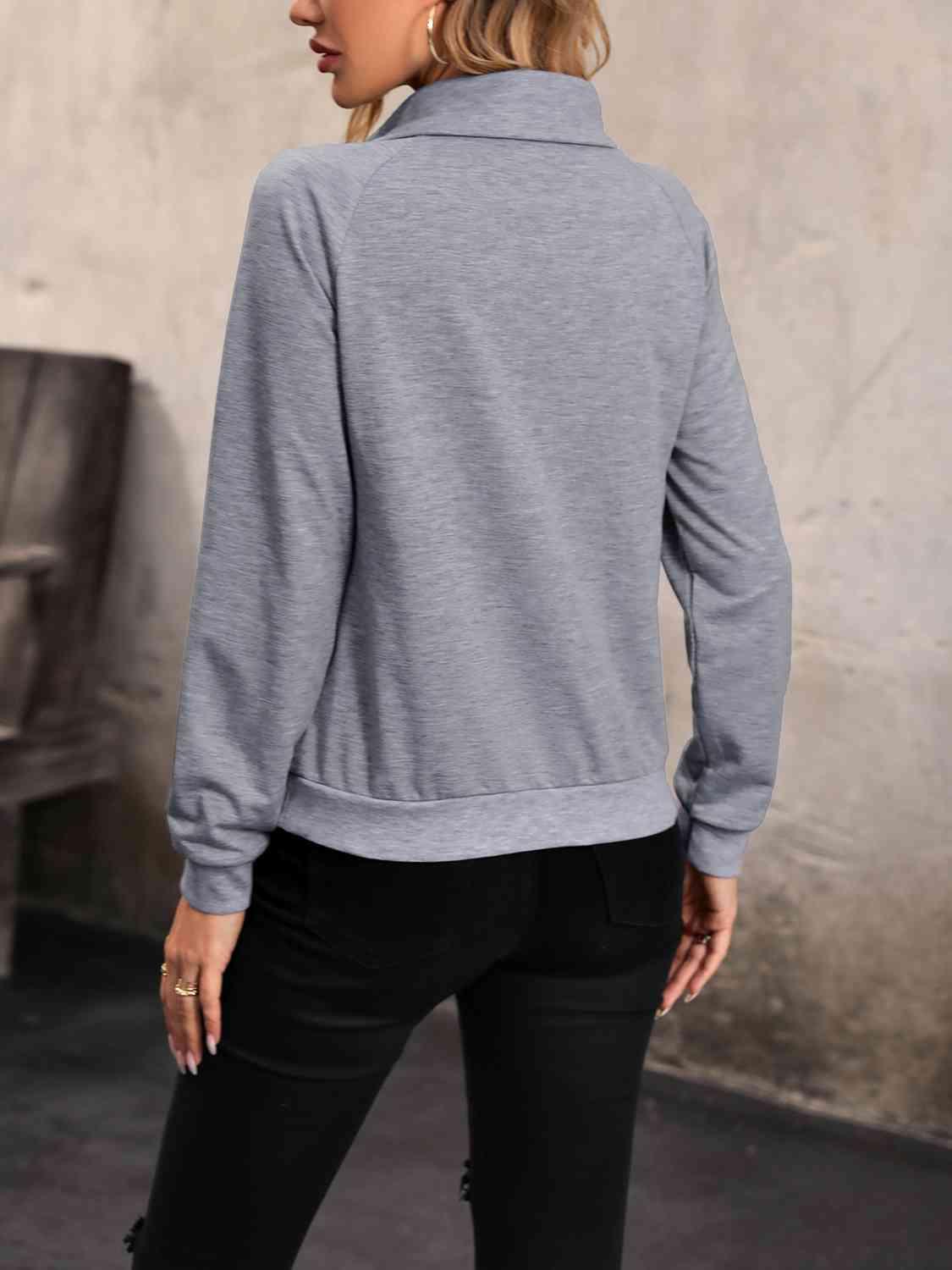 Perfee Mock Neck Raglan Sleeve Buttoned Sweatshirt - Chic Yana's Fashion