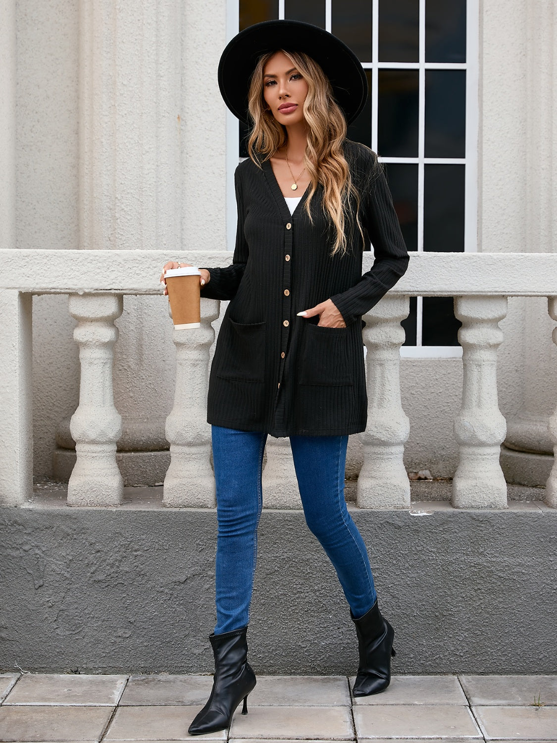 Ribbed Button Down V-Neck Long Sleeve Cardigan - Chic Yana’s Fashion