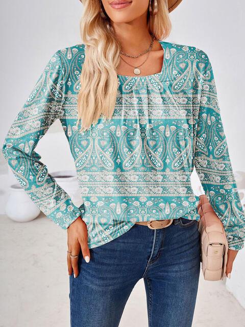 Full Size Square Neck Long Sleeve Blouse - Chic Yana's Fashion