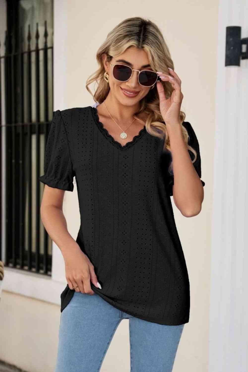 Eyelet Flounce Sleeve Scalloped V Neck Top - Chic Yana's Fashion