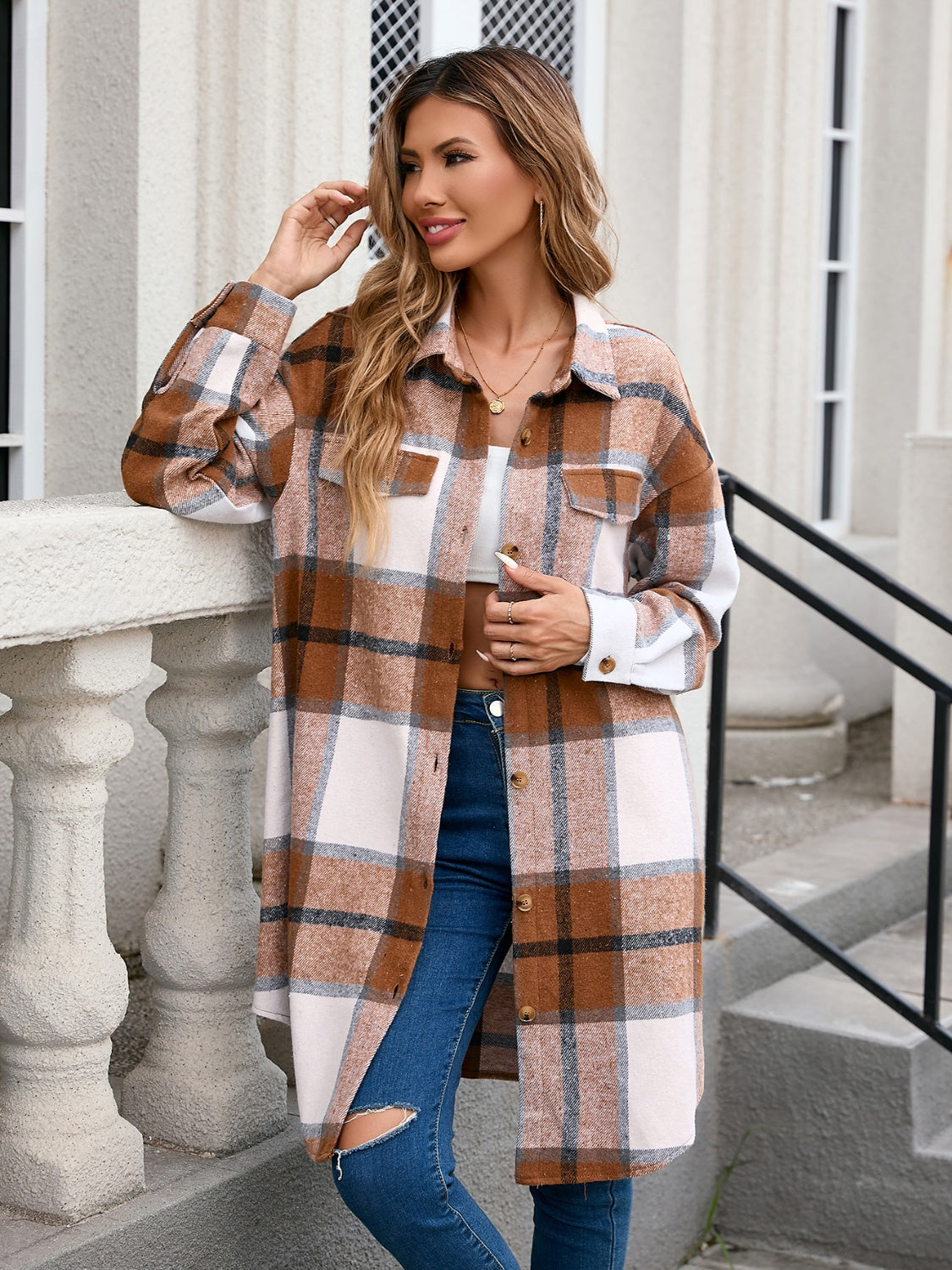 Plaid Button Up Long Sleeve Longline Outerwear - Chic Yana’s Fashion