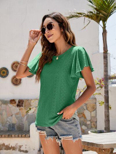 Mandy Eyelet Round Neck Flutter Sleeve Top - Chic Yana's Fashion