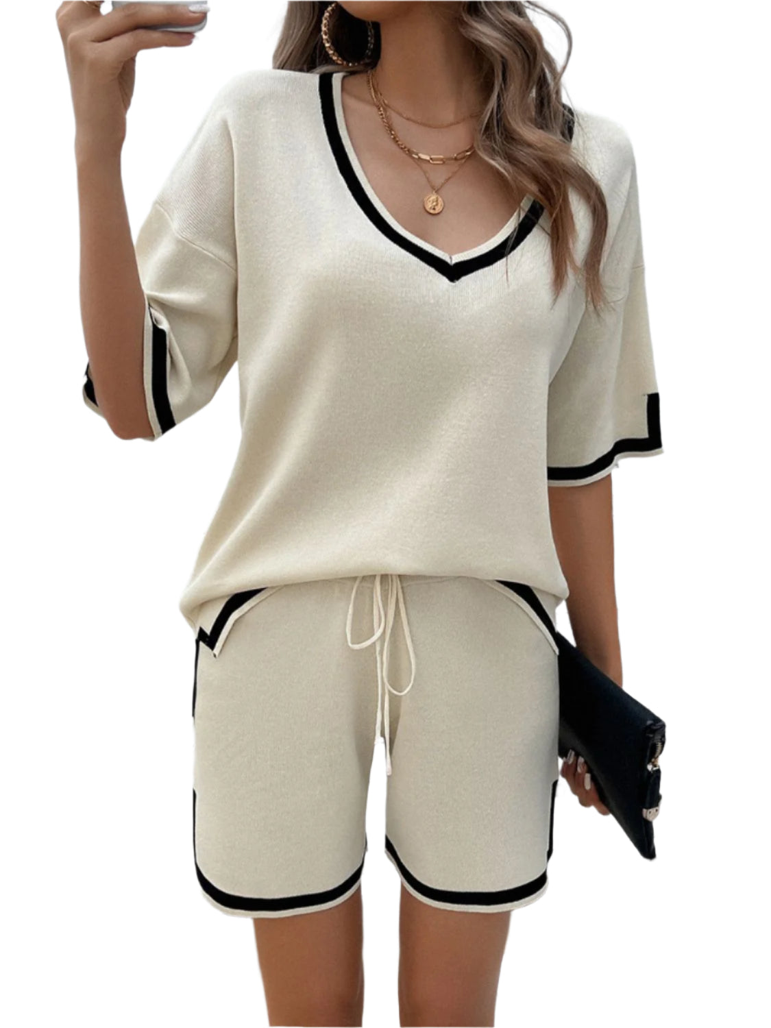 Devine Contrast Trim V-Neck Top and Shorts Set - Shop Now at Chic Yana's Fashion