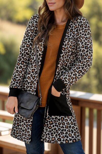 Pocketed Leopard Open Front Cover Up - Chic Yana's Fashion