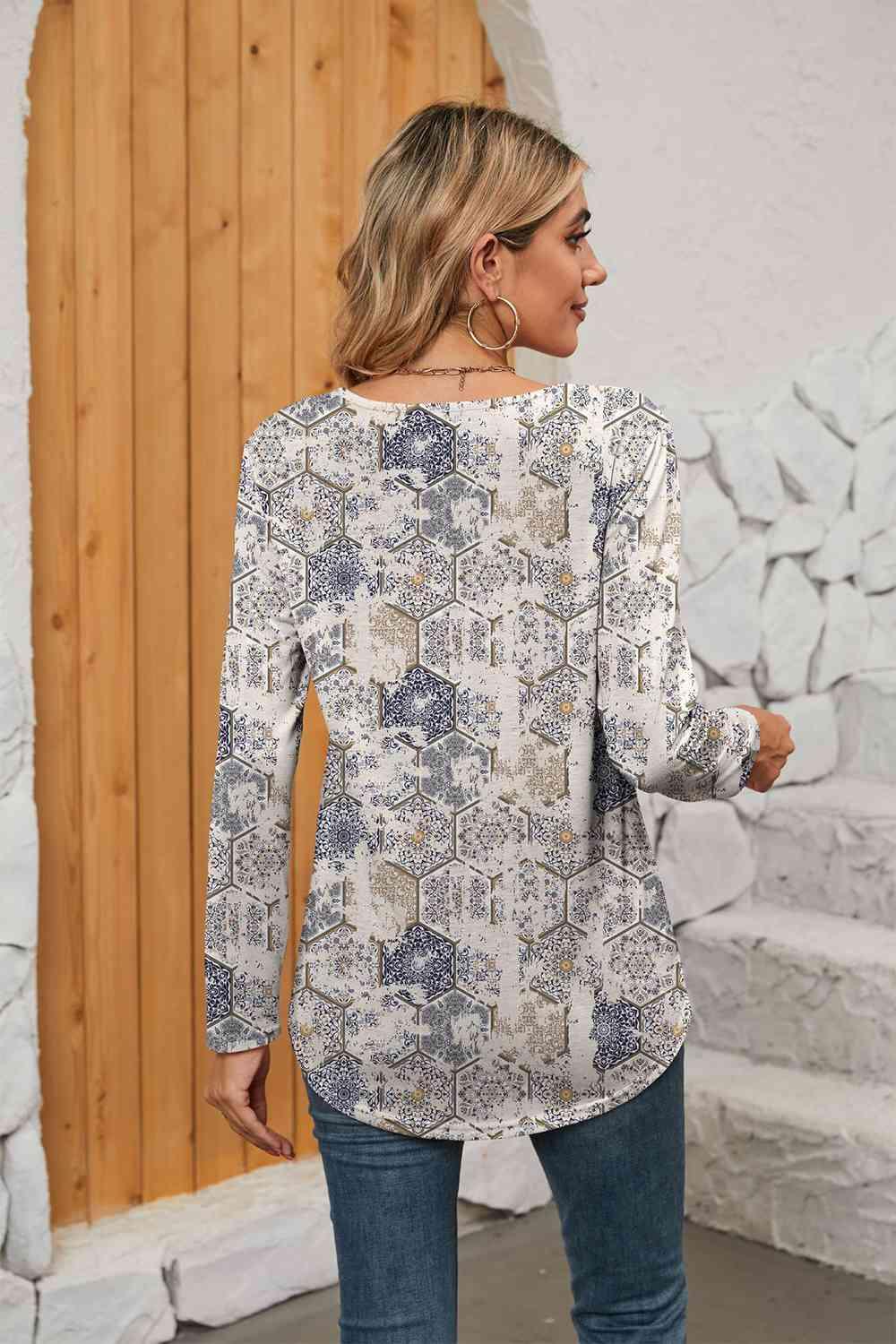 Printed Square Neck Long Sleeve Blouse - Chic Yana's Fashion