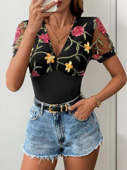 Perfee Embroidered V Neck Floral Bodysuit - Chic Yana's Fashion