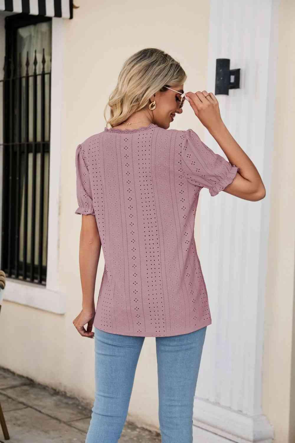 Eyelet Flounce Sleeve Scalloped V Neck Top - Chic Yana's Fashion