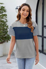 Color Block Round Neck Short Sleeve T Shirt - Chic Yana's Fashion