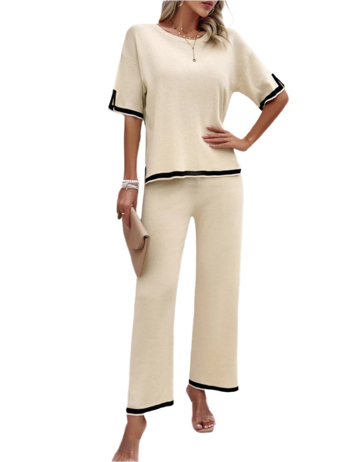 Devine Contrast Trim Round Neck Top and Pants Set – Chic Yana’s Fashion