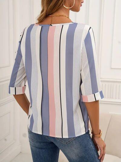 Full Size Contrast Stripes Round Neck Half Sleeve Blouse - Chic Yana's Fashion