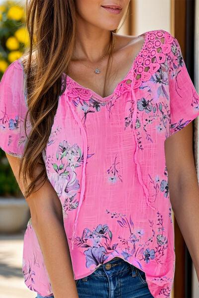 Full Size Printed Tie Neck Short Sleeve Blouse - Chic Yana's Fashion