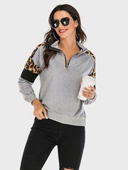 Perfee Contrast Leopard Half Zip Long Sleeve Sweatshirt - Chic Yana's Fashion