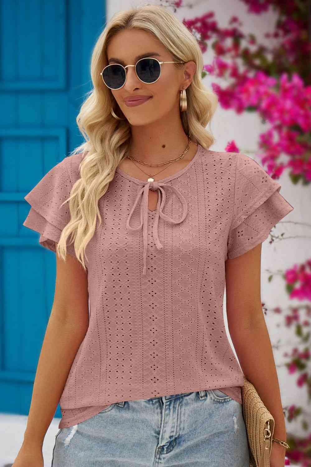 Mandy Eyelet Tie Neck Flutter Sleeve Blouse - Chic Yana's Fashion