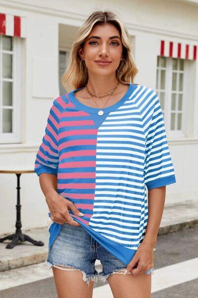 Striped Round Neck Half Sleeve T Shirt - Chic Yana's Fashion