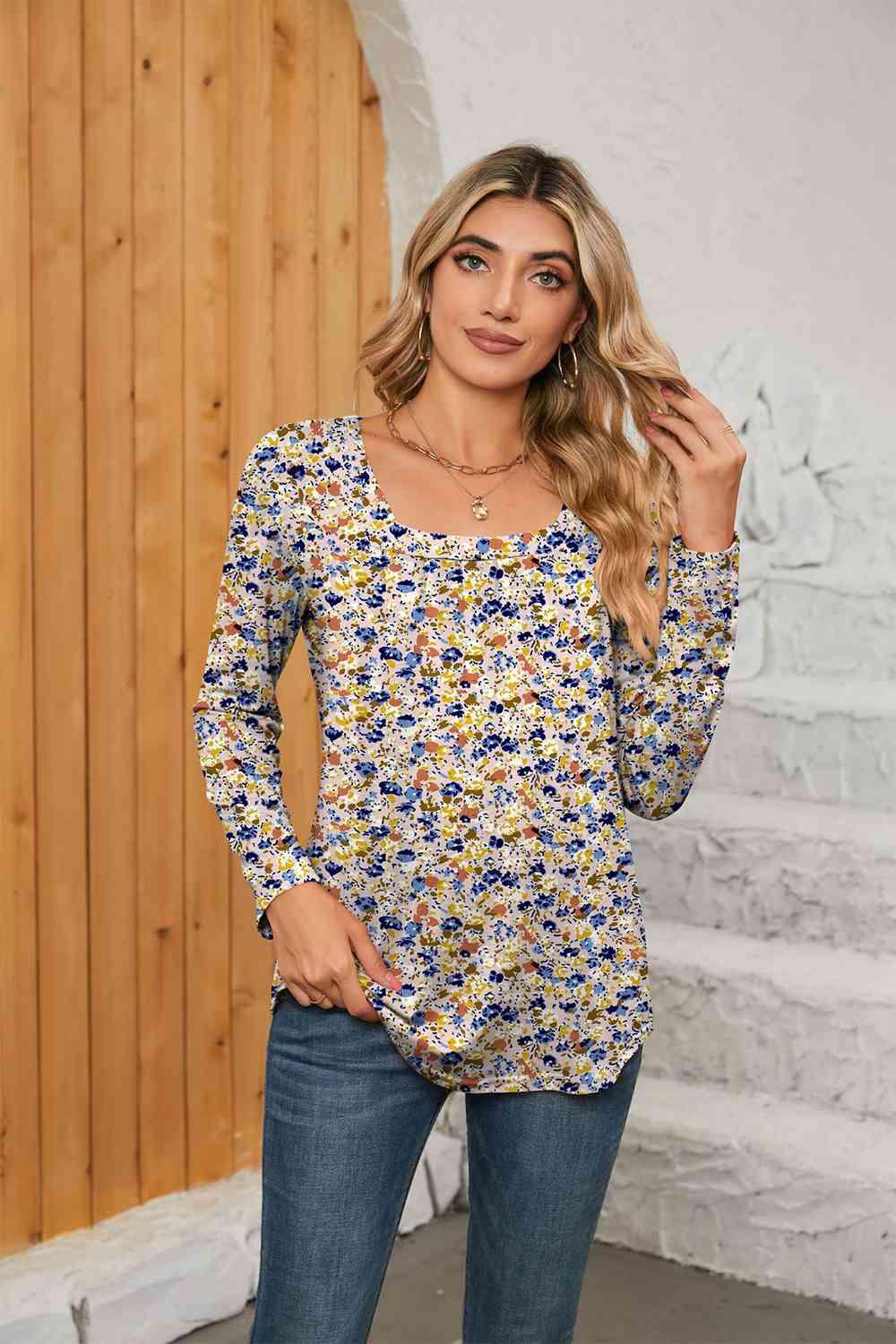 Printed Square Neck Long Sleeve Blouse - Chic Yana's Fashion