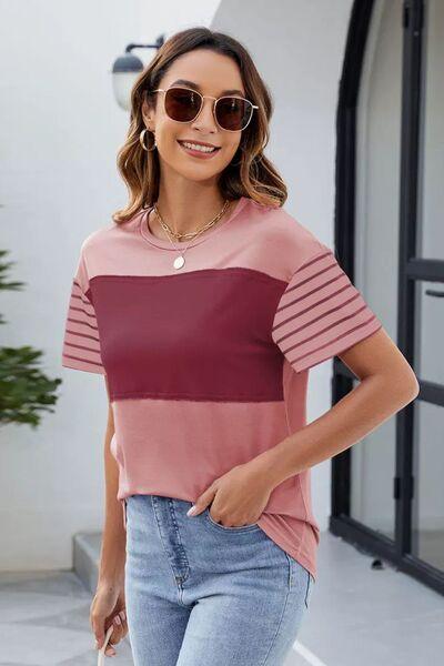 Color Block Round Neck Short Sleeve T Shirt 4 - Chic Yana's Fashion