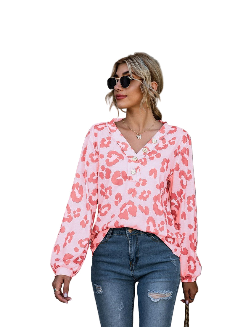 Chic Yana Fashion Leopard Print V-Neck Long Sleeve Women's T Shirt