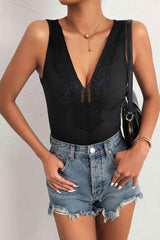 Perfee Spliced Lace Deep V Sleeveless Bodysuit - Chic Yana's Fashion