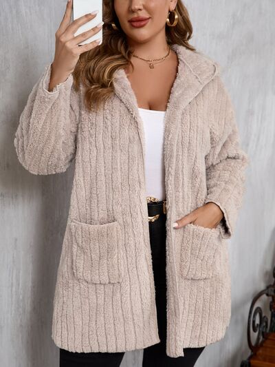 Plus Size Open Front Long Sleeve Hooded Fuzzy Jacket - Chic Yana's Fashion