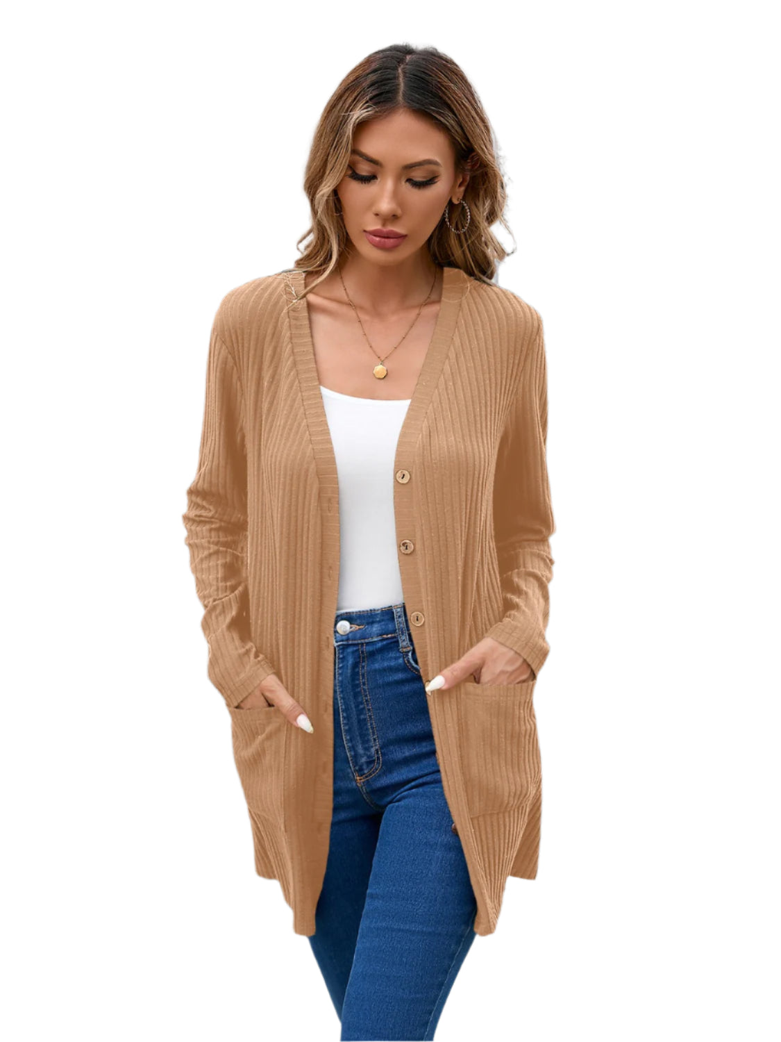 Ribbed Button Down V-Neck Long Sleeve Cardigan - Chic Yana’s Fashion