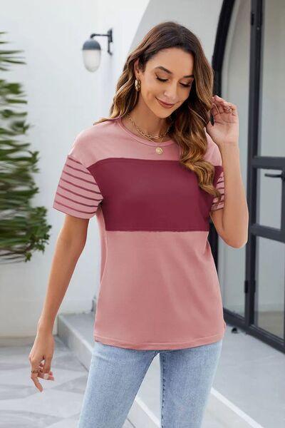 Color Block Round Neck Short Sleeve T Shirt 4 - Chic Yana's Fashion