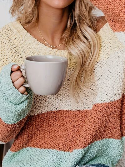 Color Block Round Neck Long Sleeve Sweater - Chic Yana's Fashion