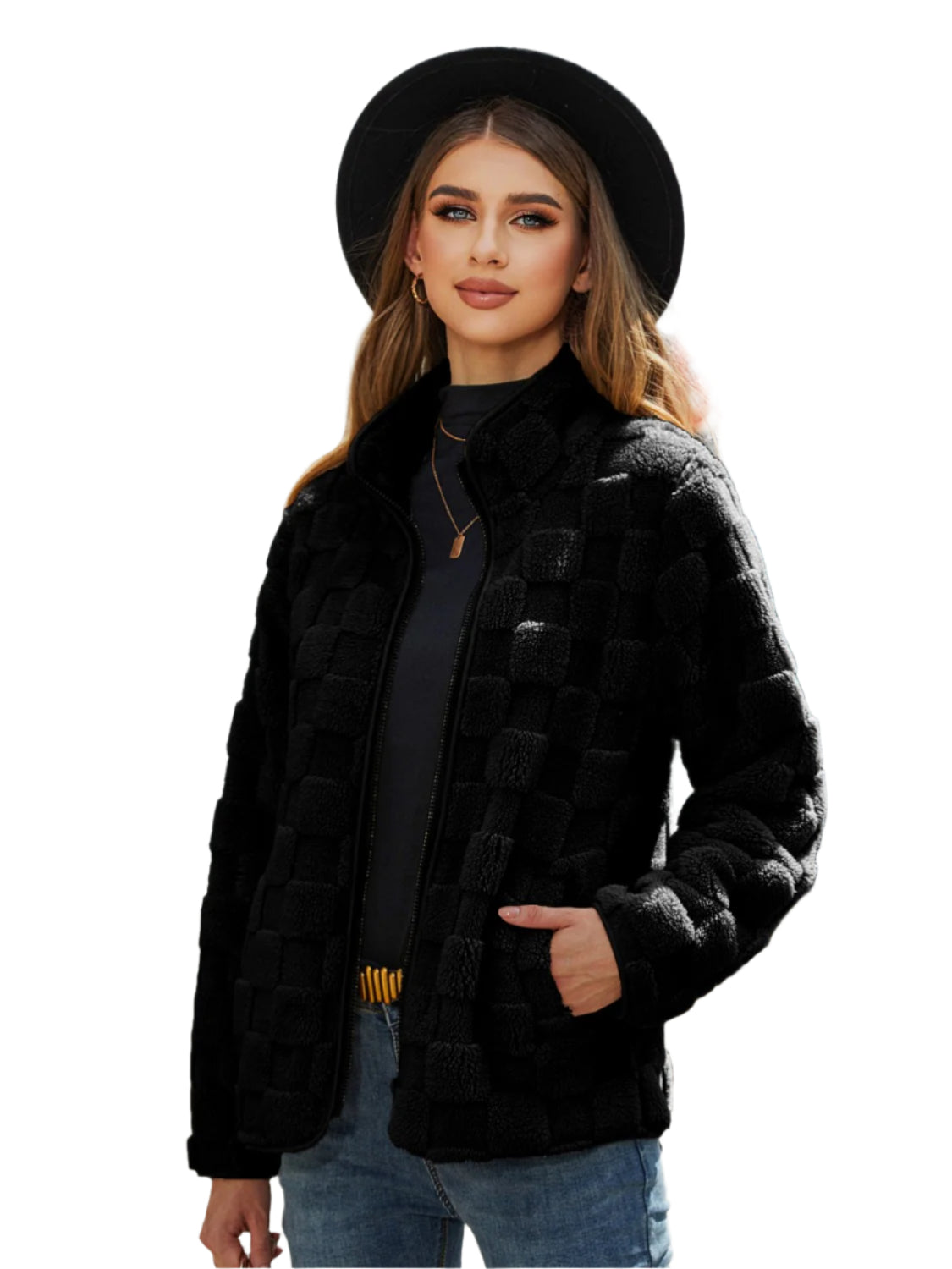 Fuzzy Checkered Zip Up Jacket - Chic Yana’s Fashion