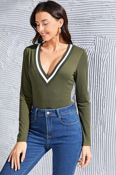 Contrast Ribbed Trim Deep V Bodysuit - Chic Yana's Fashion