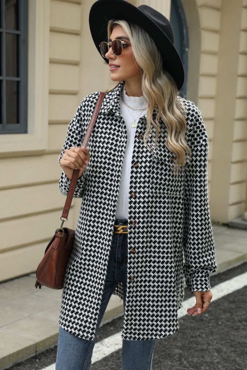 Houndstooth Button Up Dropped Shoulder Coat - Chic Yana’s Fashion