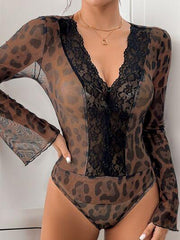 Perfee Leopard V Neck Lace Bodysuit - Chic Yana's Fashion