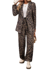 Full Size Leopard Lapel Collar Long Sleeve Blazer and Pants Set - Shop Now at Chic Yana's Fashion