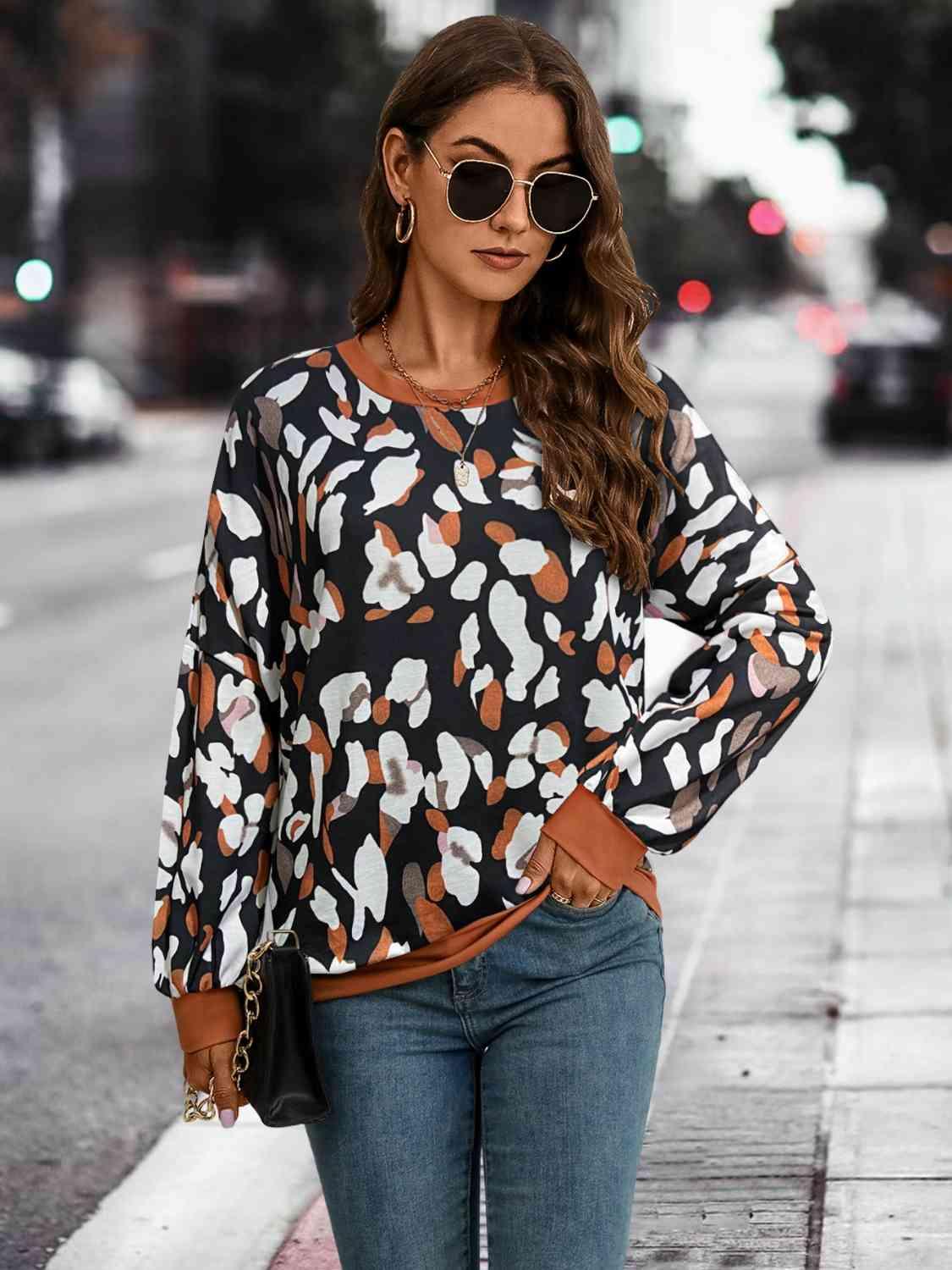 Leopard Round Neck Drop Shoulder Sweatshirt - Chic Yana's Fashion