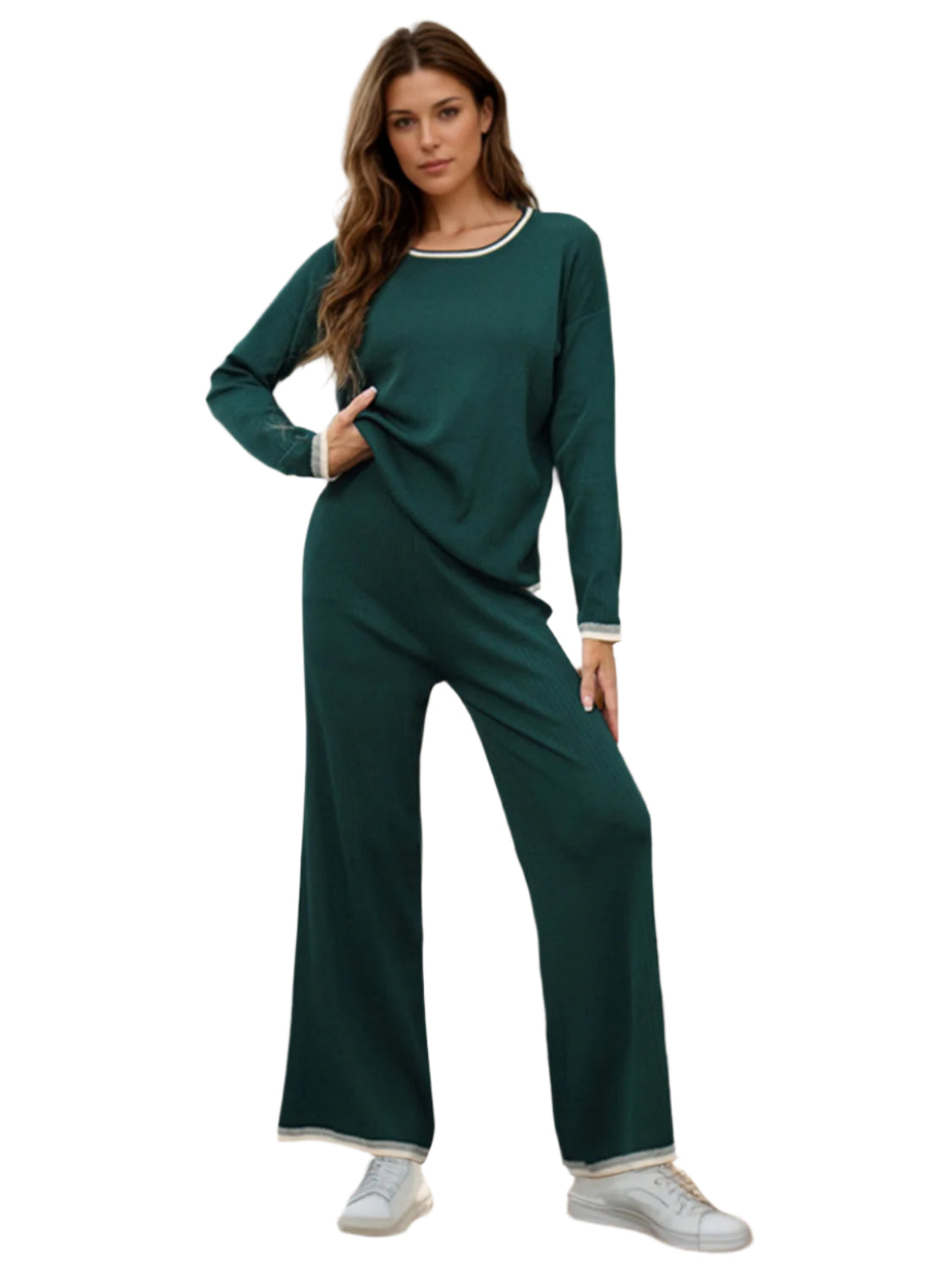 Contrast Trim Round Neck Top and Pants Sweater Set - Shop Now at Chic Yana's Fashion