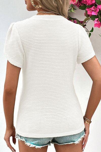 Waffle Knit V Neck Short Sleeve Blouse - Chic Yana's Fashion