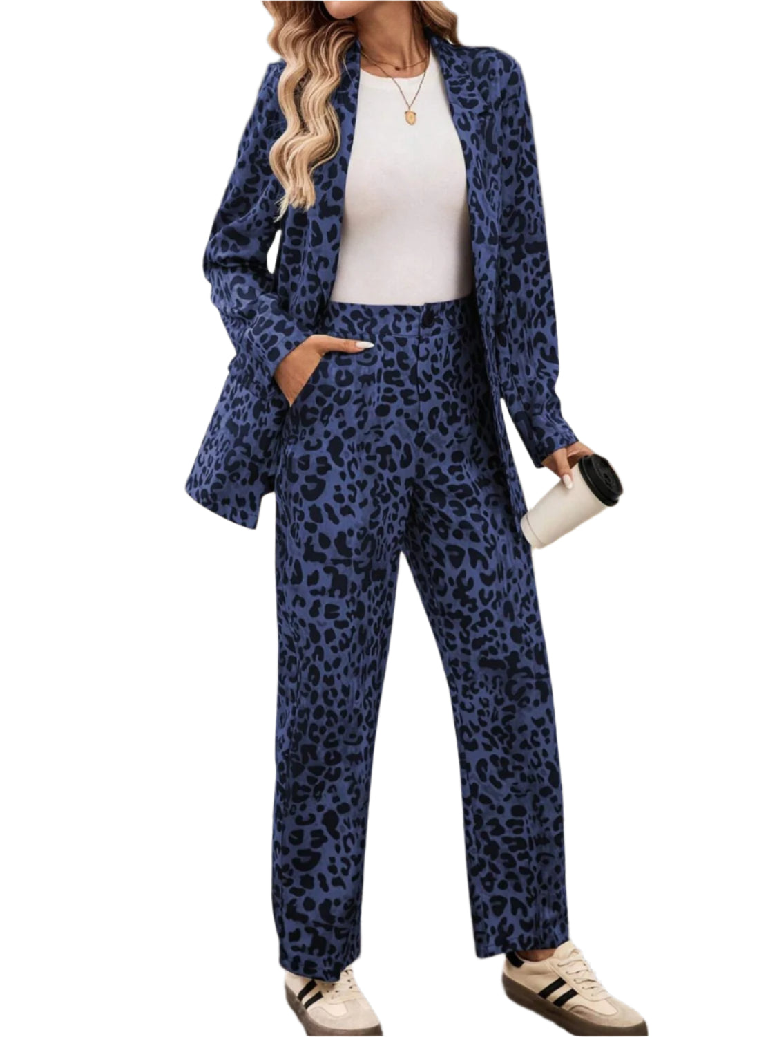 Full Size Leopard Lapel Collar Long Sleeve Blazer and Pants Set - Shop Now at Chic Yana's Fashion