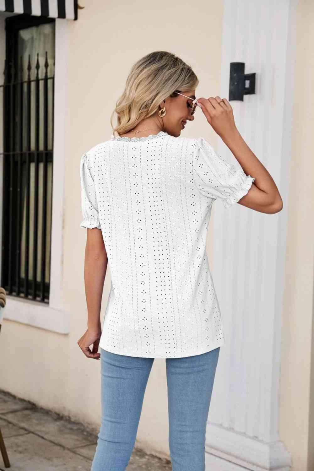 Eyelet Flounce Sleeve Scalloped V Neck Top - Chic Yana's Fashion