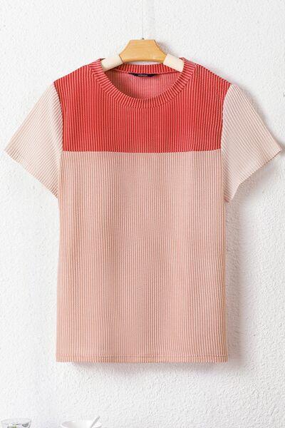 Color Block Round Neck Short Sleeve T Shirt 3 - Chic Yana's Fashion