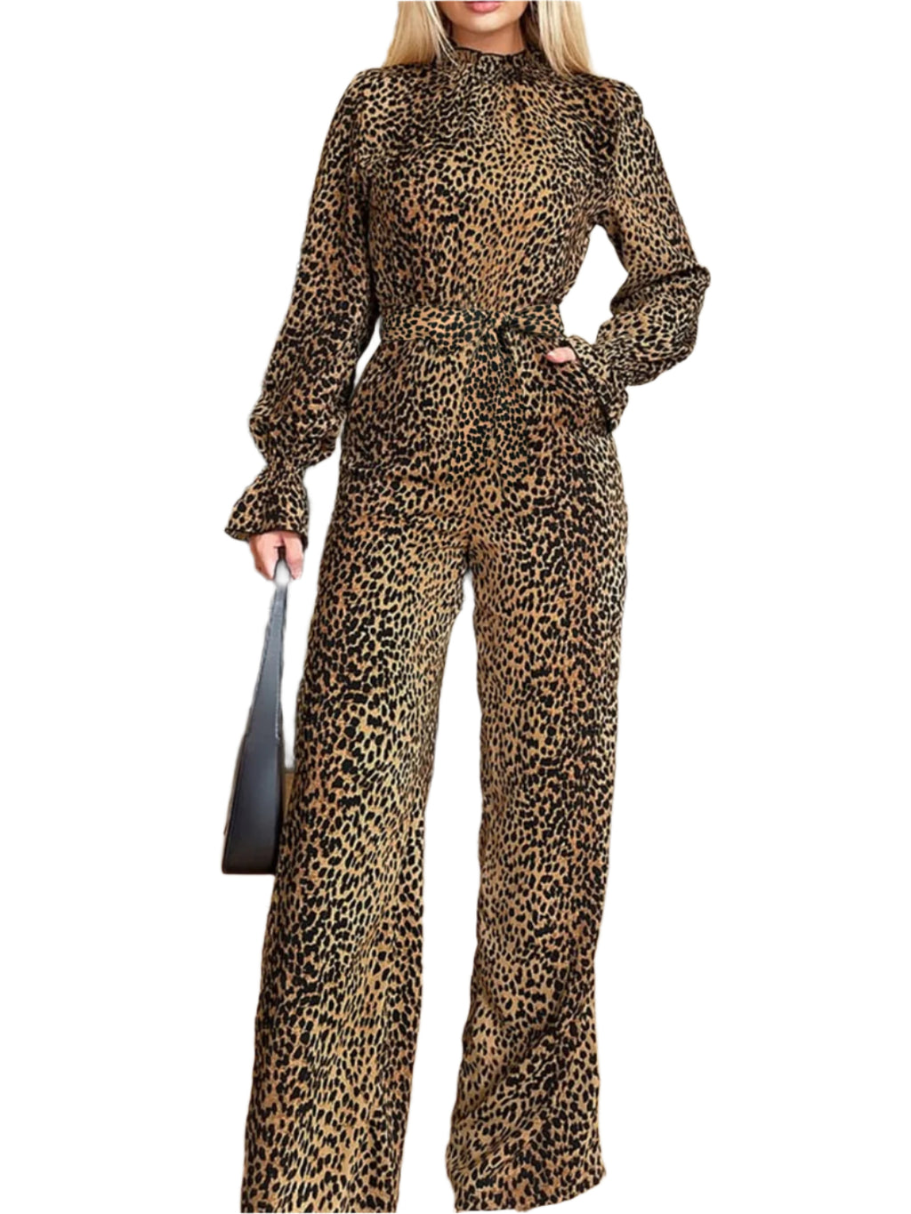 Luxury meets fashion in the Leopard Flounce Sleeve Wide Leg Jumpsuit – A must-have Jumpsuit.