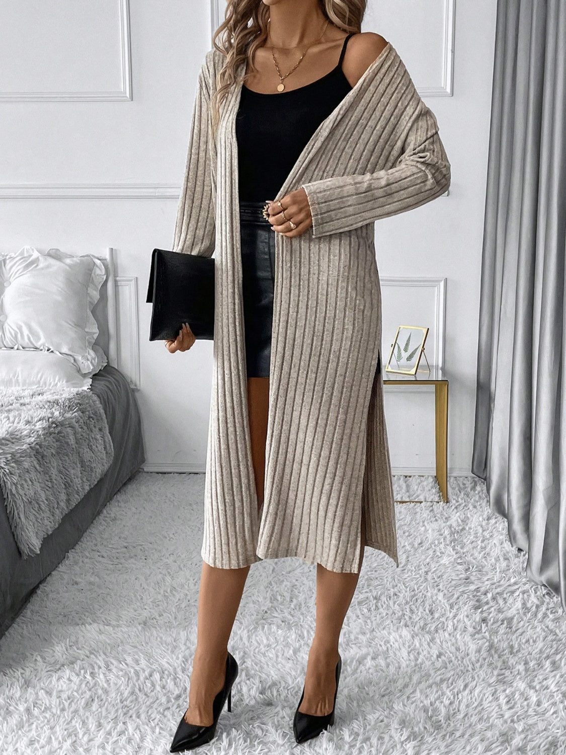 Side Slit Ribbed Open Front Cardigan - Chic Yana’s Fashion